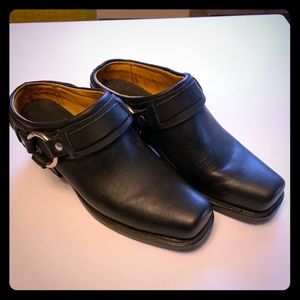 Frye Black Belted Moto Harness Mules